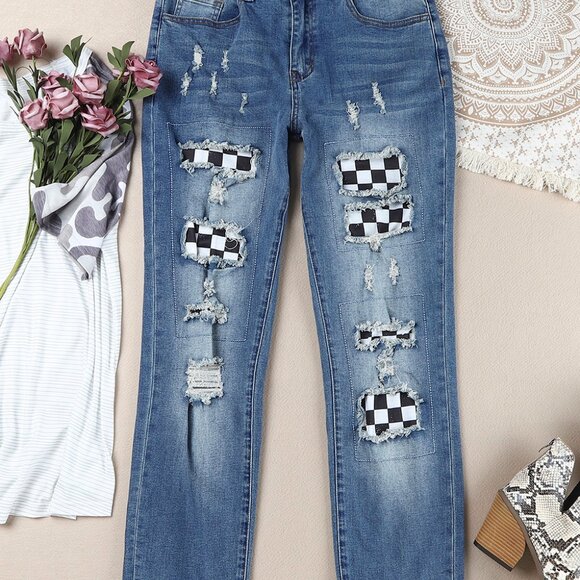 Baeful Checkered Patchwork Mid Waist Distressed Jeans - Picture 7 of 11